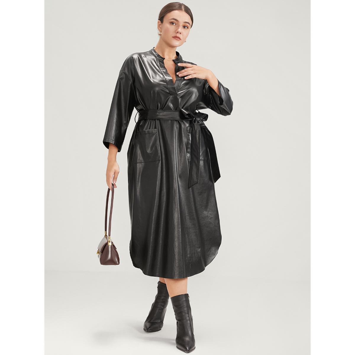 Plus Size PU Leather Pocket Belted Arc Hem Dress Black Women Party Belted V-neck Elbow-length sleeve Curvy Midi Dress BloomChic 22-24/3X Product Image