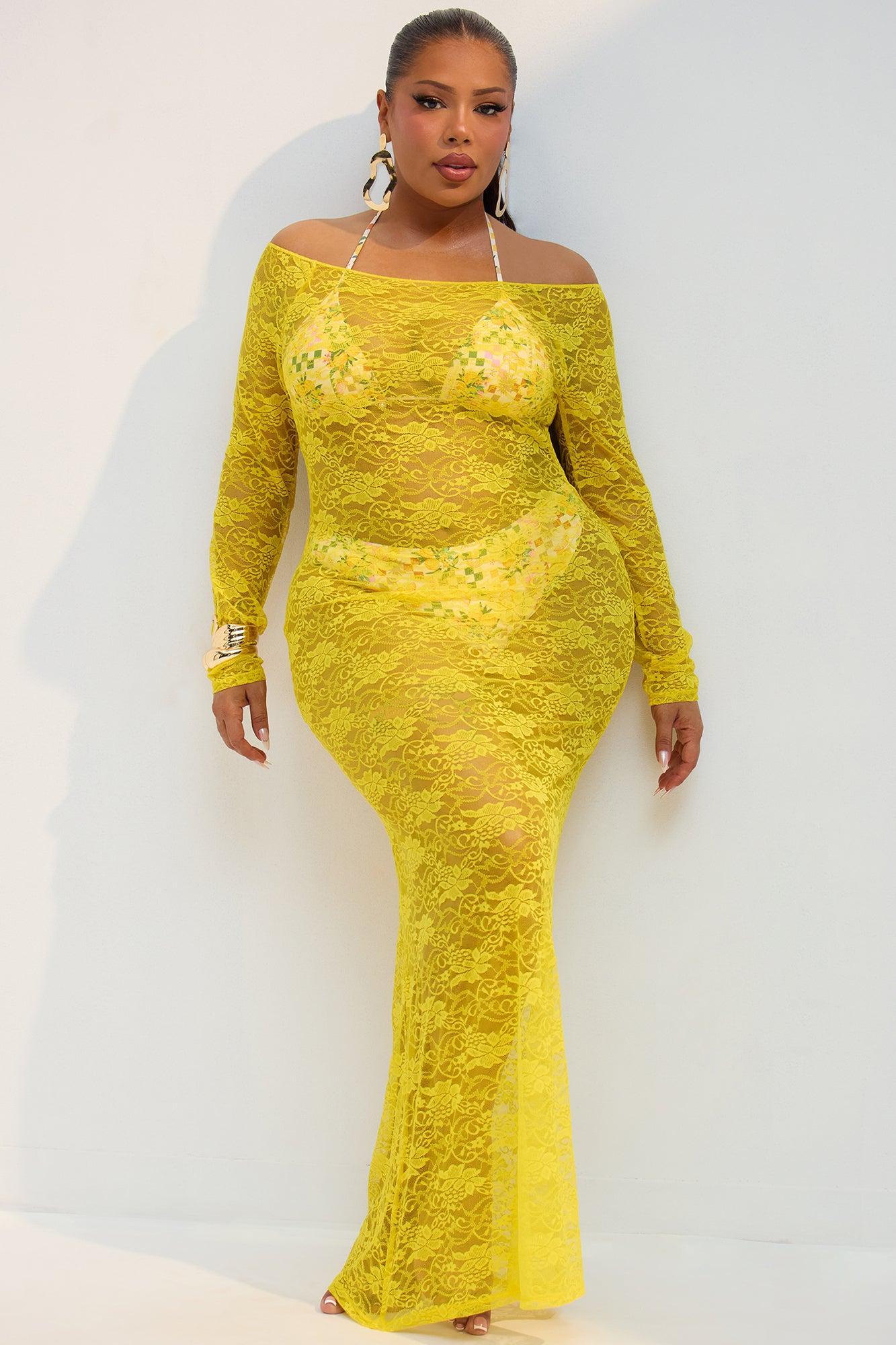 Cali Off Shoulder Sheer Lace Cover Up Maxi Dress - Yellow Product Image