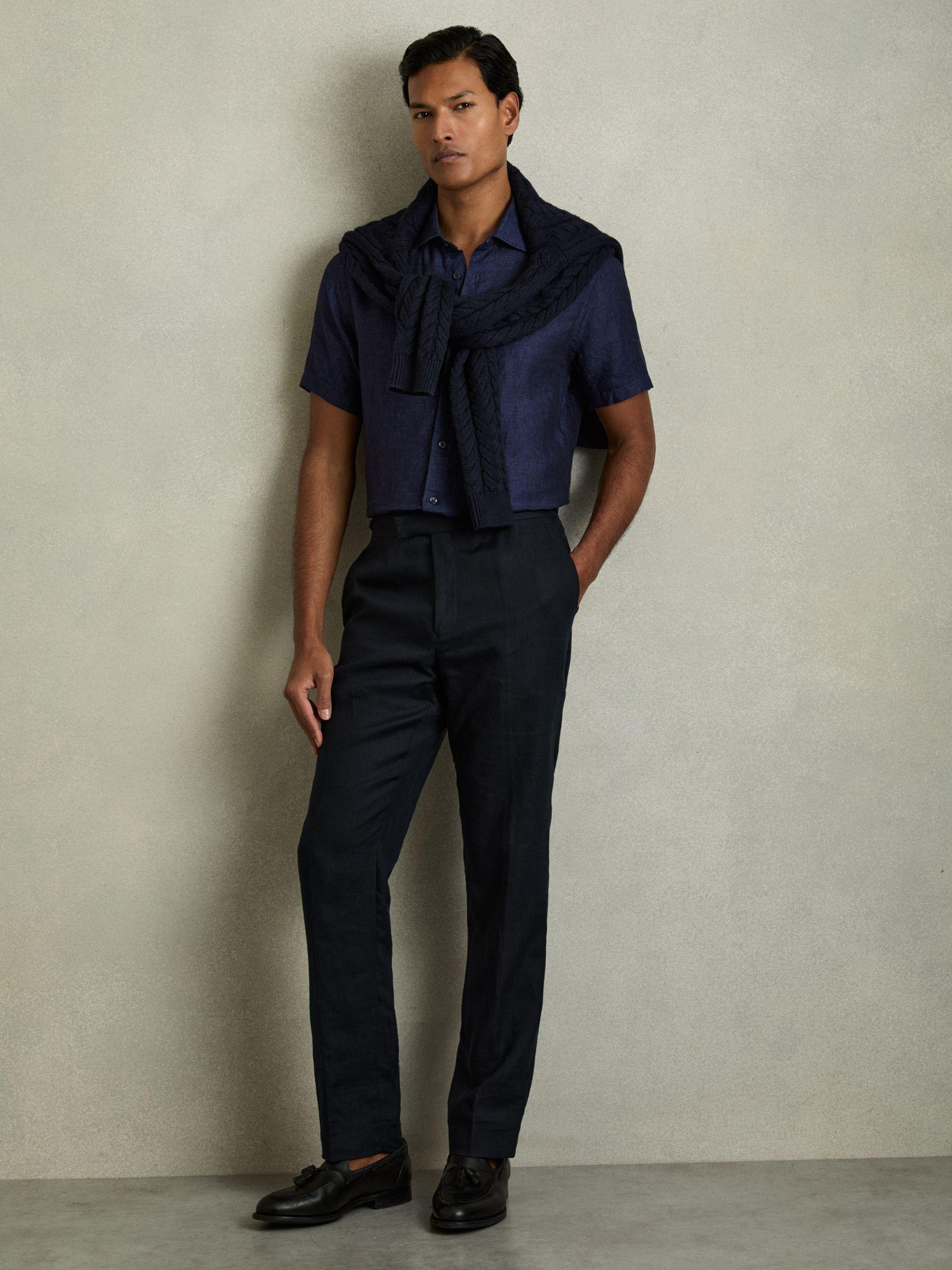 Slim Fit Linen Button-Through Shirt in Navy Product Image