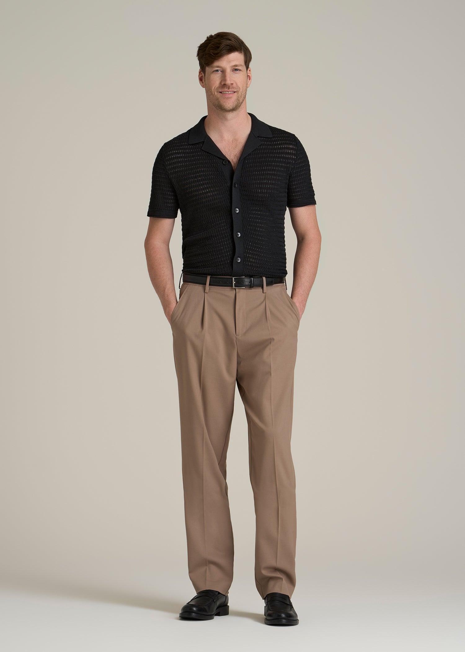 Short Sleeve Crochet Polo Cardigan for Tall Men in Black Product Image