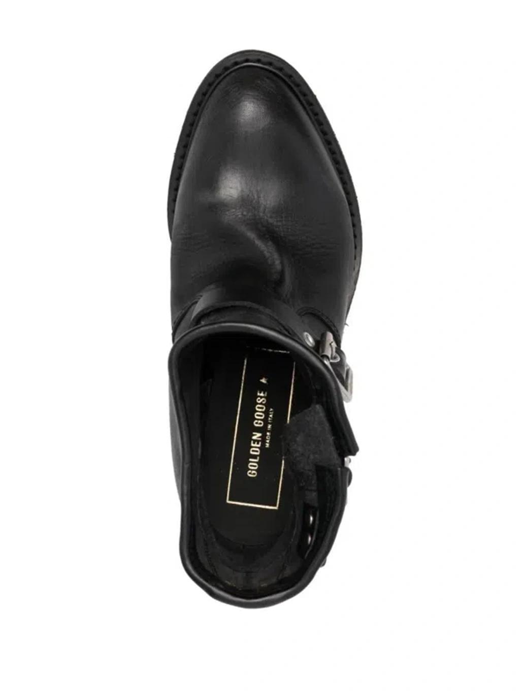Leather Buckle Short Biker Boots In Black Product Image