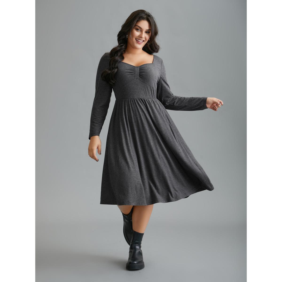 Plus Size Heart Neckline Knit Gathered Midi Dress DimGray Women Casual Gathered Knit Dresses Bloomchic 30/6X Product Image