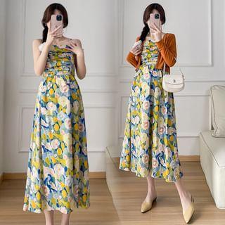 Maternity Spaghetti Strap Floral Midi A-Line Dress / Plain Cardigan / Set Product Image
