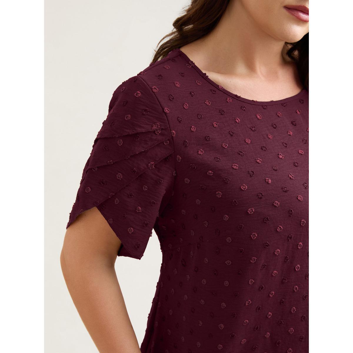 Plus Size Burgundy Textured Color Contrast Petal Sleeve Blouse Women Elegant Short sleeve Round Neck Everyday Blouses BloomChic 18-20/2X Product Image