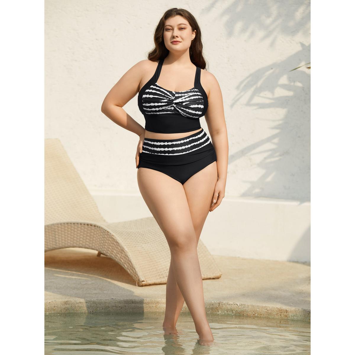 Plus Size Striped Waist Pleated Swim Bottoms Women's Swimwear Black Beach Gathered High stretch Skinny High Rise Curve Swim Bottoms BloomChic 10/M Product Image