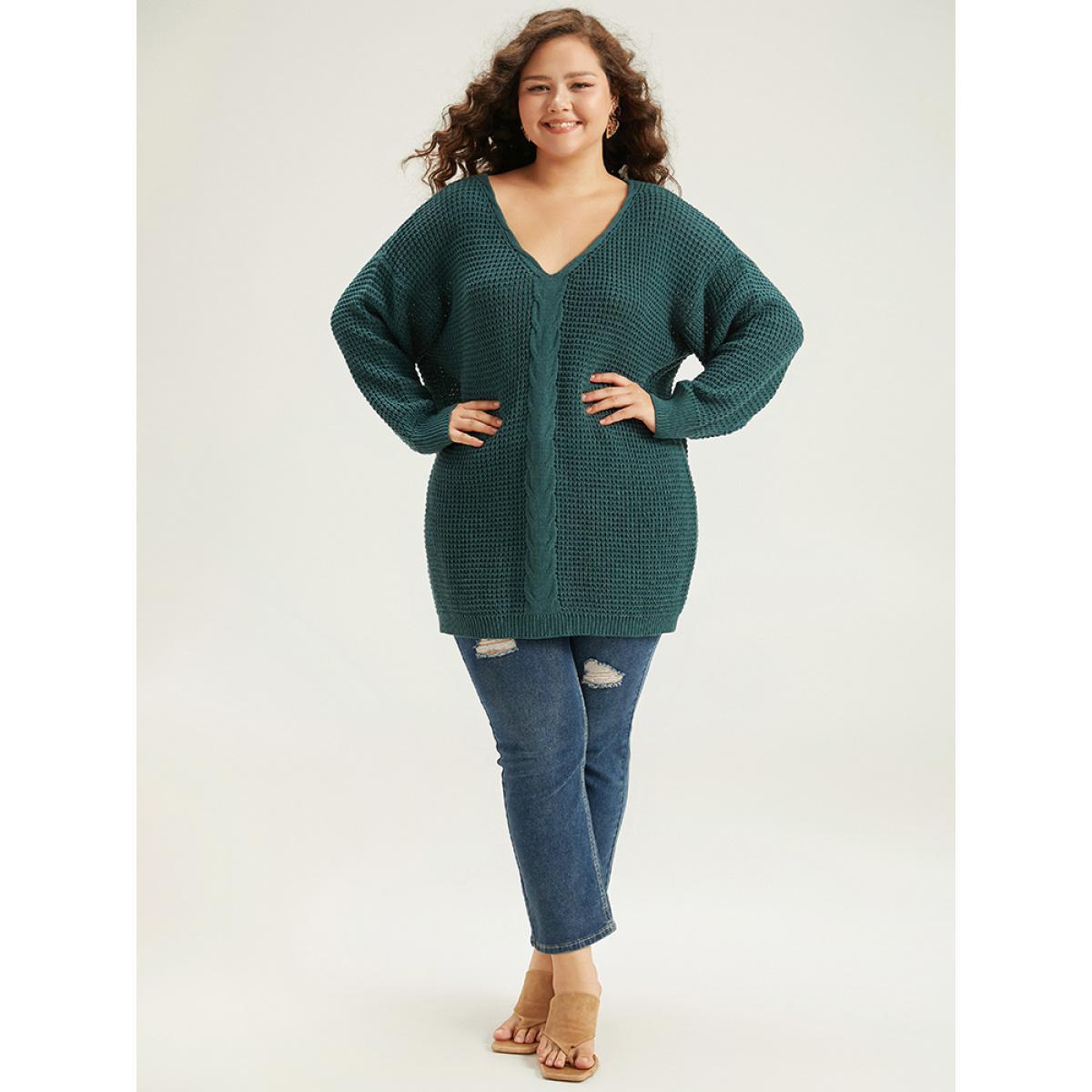 Plus Size Cable Knit Plain Elastic Cuffs Pullover Cyan Women Casual Loose Long Sleeve V-neck Dailywear Pullovers BloomChic 10/M Product Image
