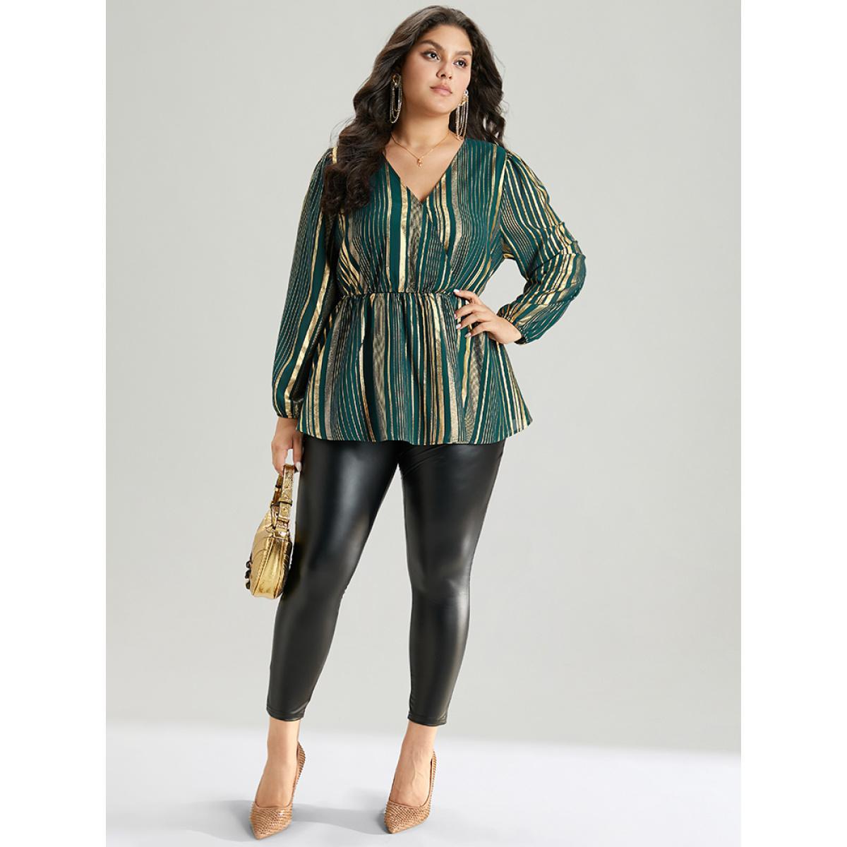 Plus Size ArmyGreen Glitter Striped Surplice Neck Blouse Women Glamour Long Sleeve V-neck Festival-Christmas Blouses BloomChic 28/5X Product Image