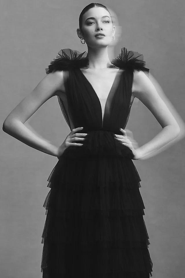 Sau Lee Sabrina V-Neck A-Line Tulle Gown Product Image