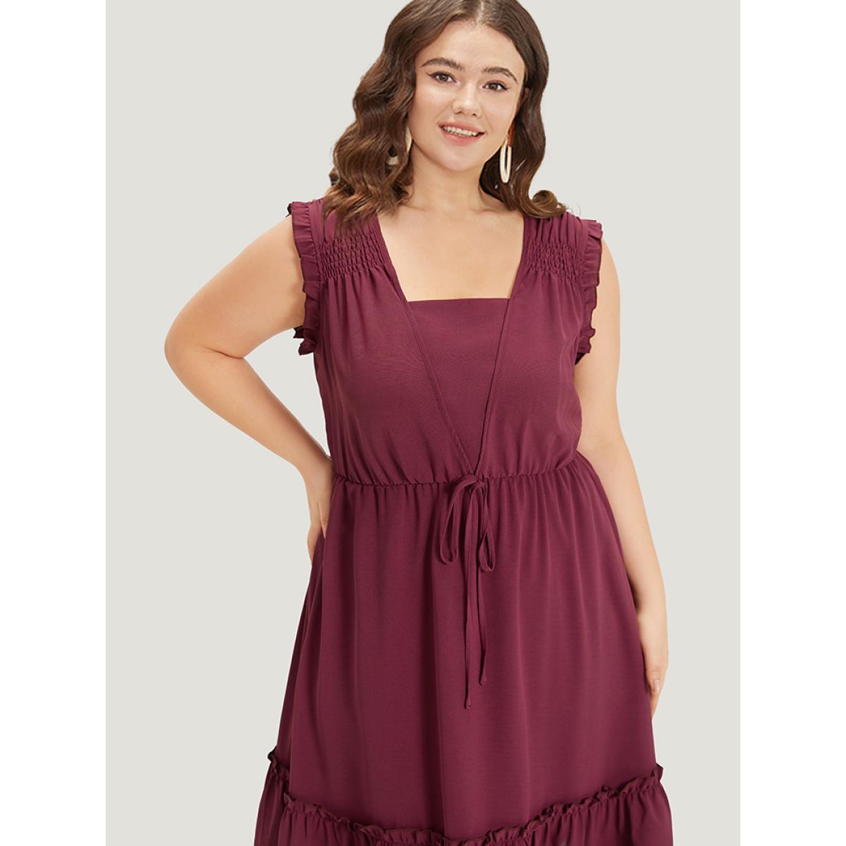 Plus Size Plain Frill Trim Gathered Ties Square Neck Tank Dress Burgundy Women Elegant Plain Square Neck Sleeveless Curvy Midi Dress BloomChic 28/5X Product Image