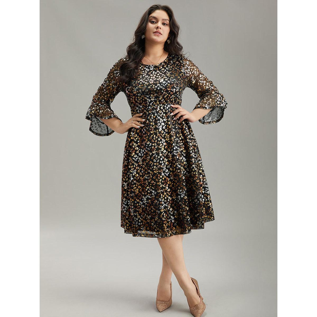 Plus Size Leopard Glitter Bell Sleeve Mesh Dress Black Women Party See through Round Neck Elbow-length sleeve Curvy Midi Dress BloomChic 26/4X Product Image