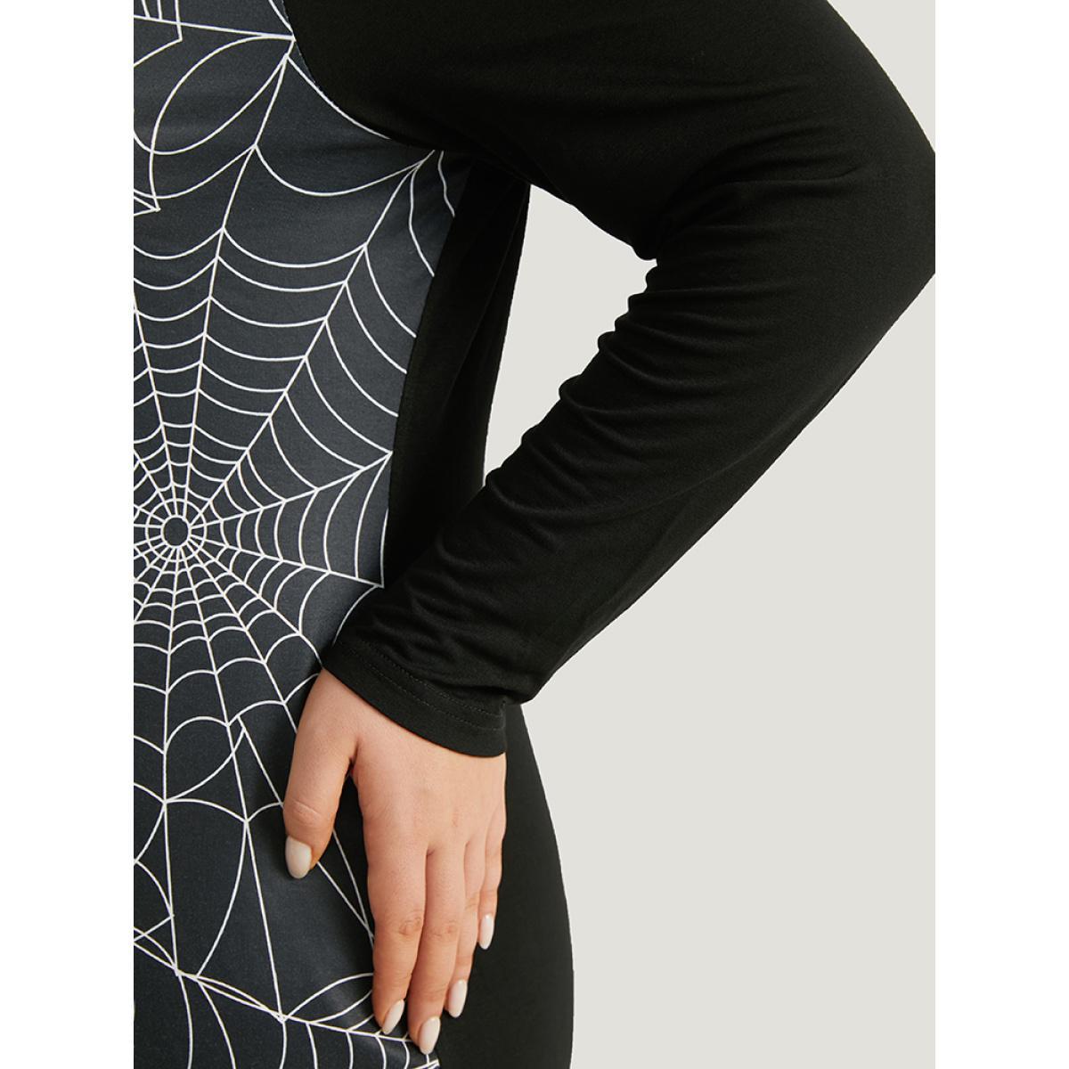 Plus Size Halloween Spider Web Patchwork Crew Neck Dress BlackFlower Women Office Contrast Round Neck Long Sleeve Curvy Midi Dress BloomChic 28/5X Product Image