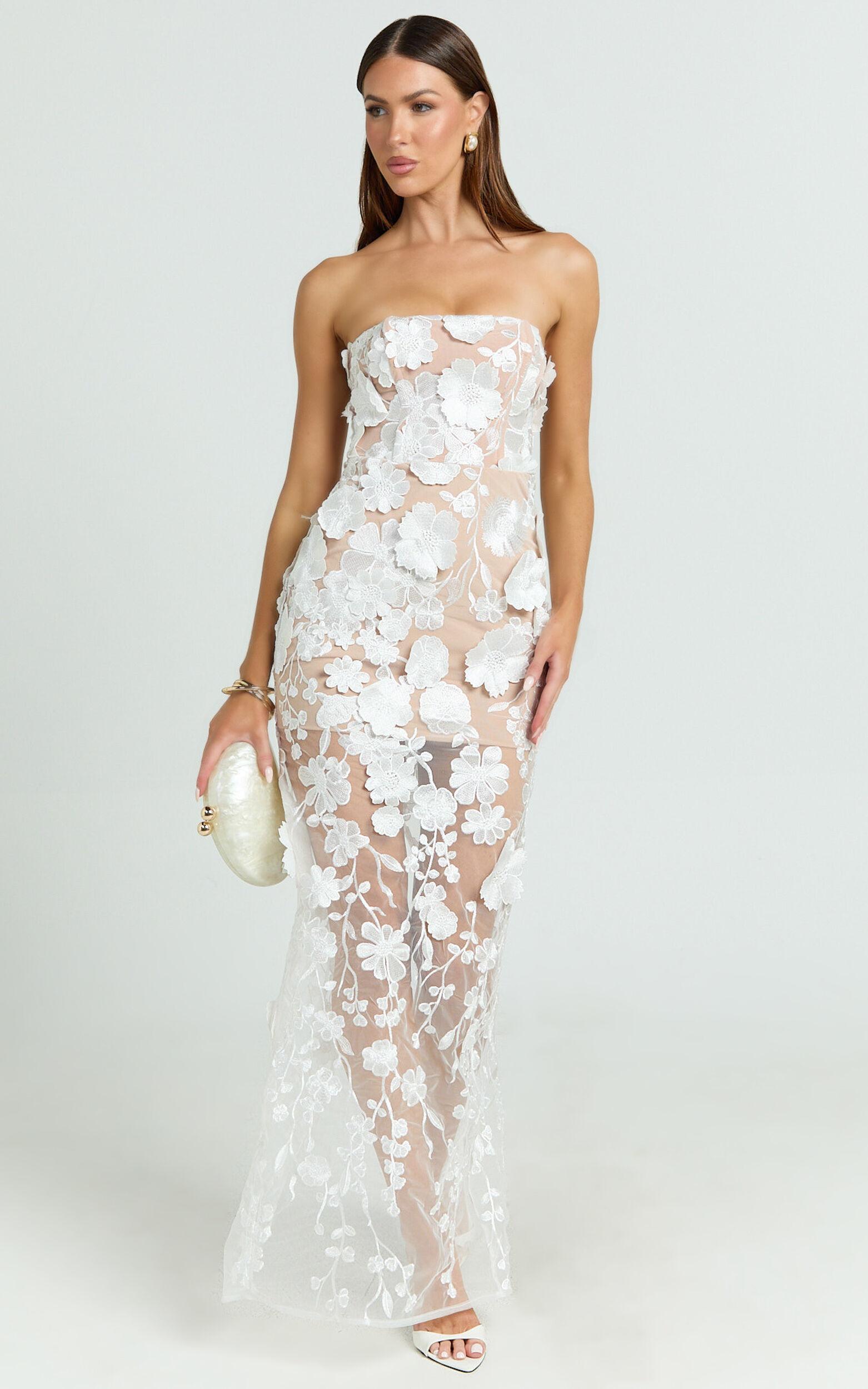 Sienna Maxi Dress - 3D Floral Strapless Column Dress in White Product Image