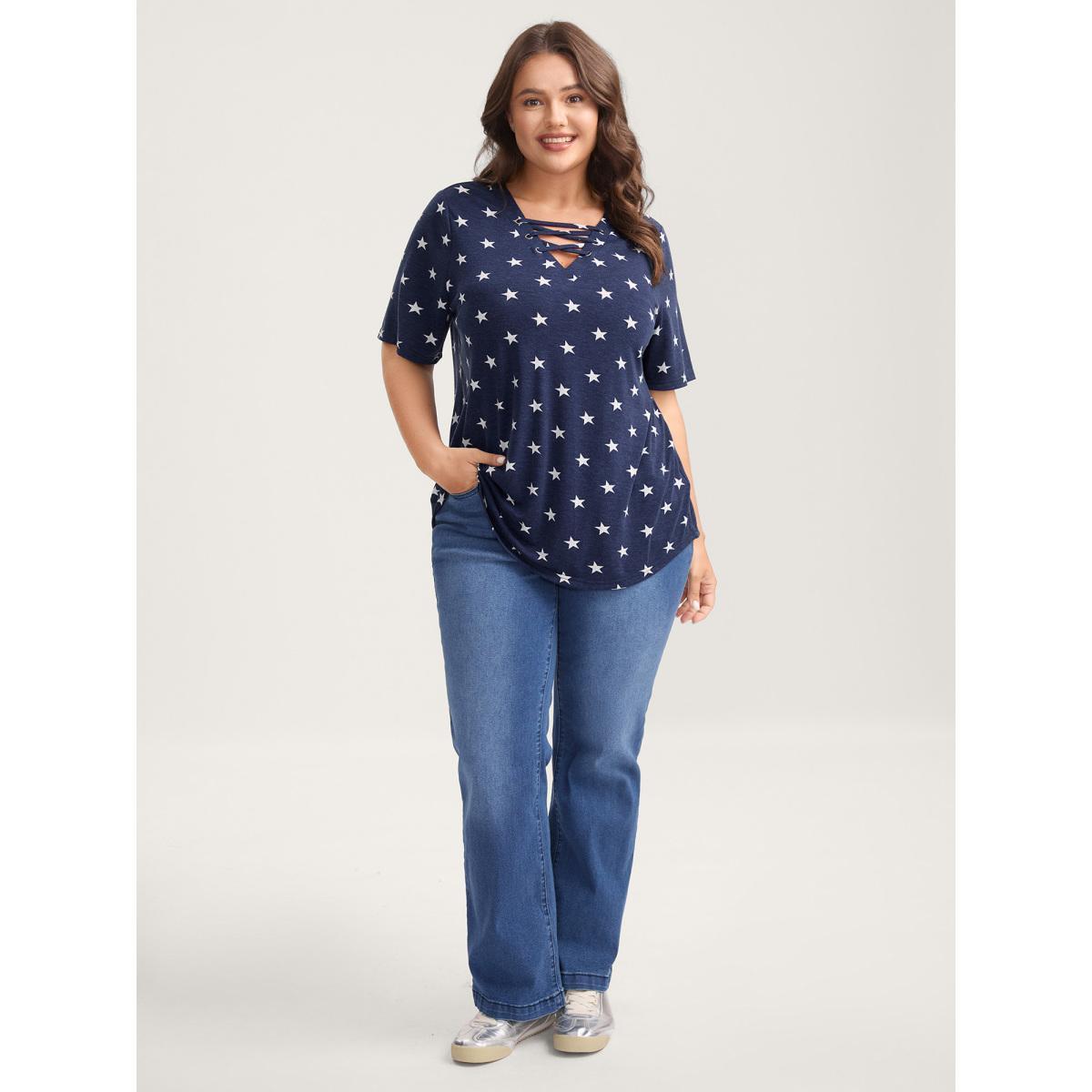 Plus Size Star Print Crisscross Neck Tie T-Shirt Navy Women Eyelet V-neck Everyday-Casual T-shirts BloomChic 22-24/3X Product Image