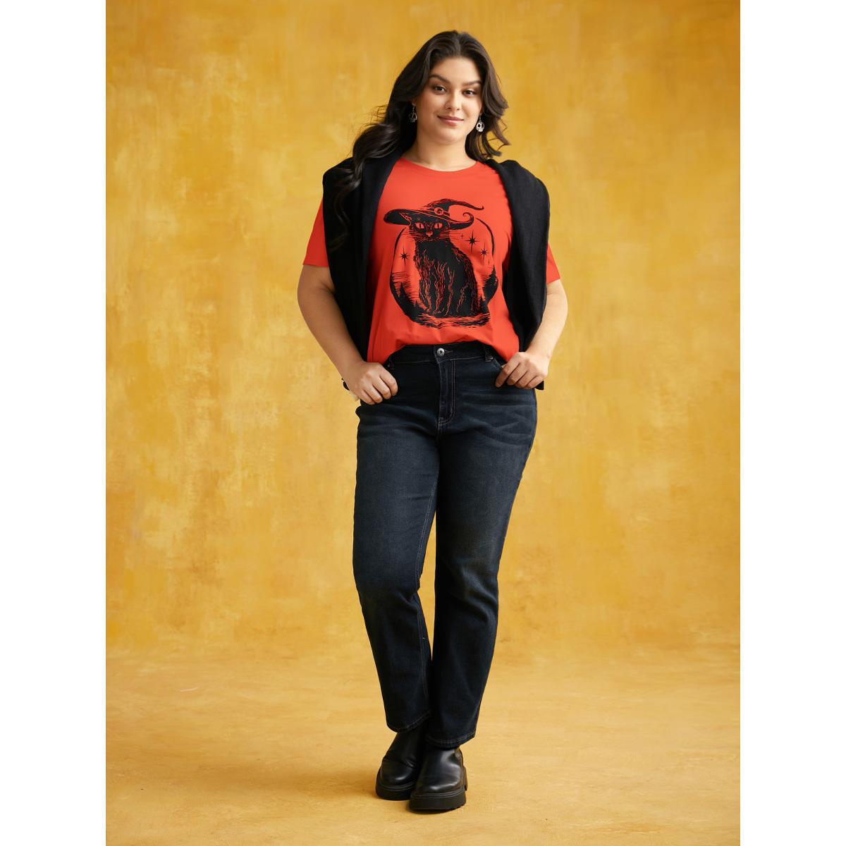 Plus Size Bewitched Cat Printed Crew Neck T-shirt OrangeRed Women Casual Non Halloween Round Neck Everyday T-shirts BloomChic 26/4X Product Image