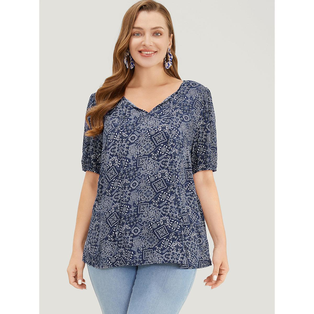 Plus Size Indigo Moroccan Print Keyhole Tie Neck Blouse Women Vacation Short sleeve V-neck Work Blouses BloomChic 22-24/3X Product Image