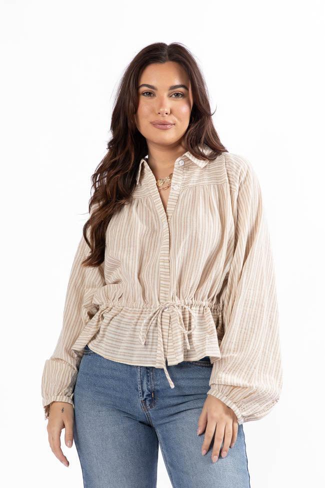 My Hands Are Tied Taupe Striped Drawstring Button Down Blouse SALE Product Image