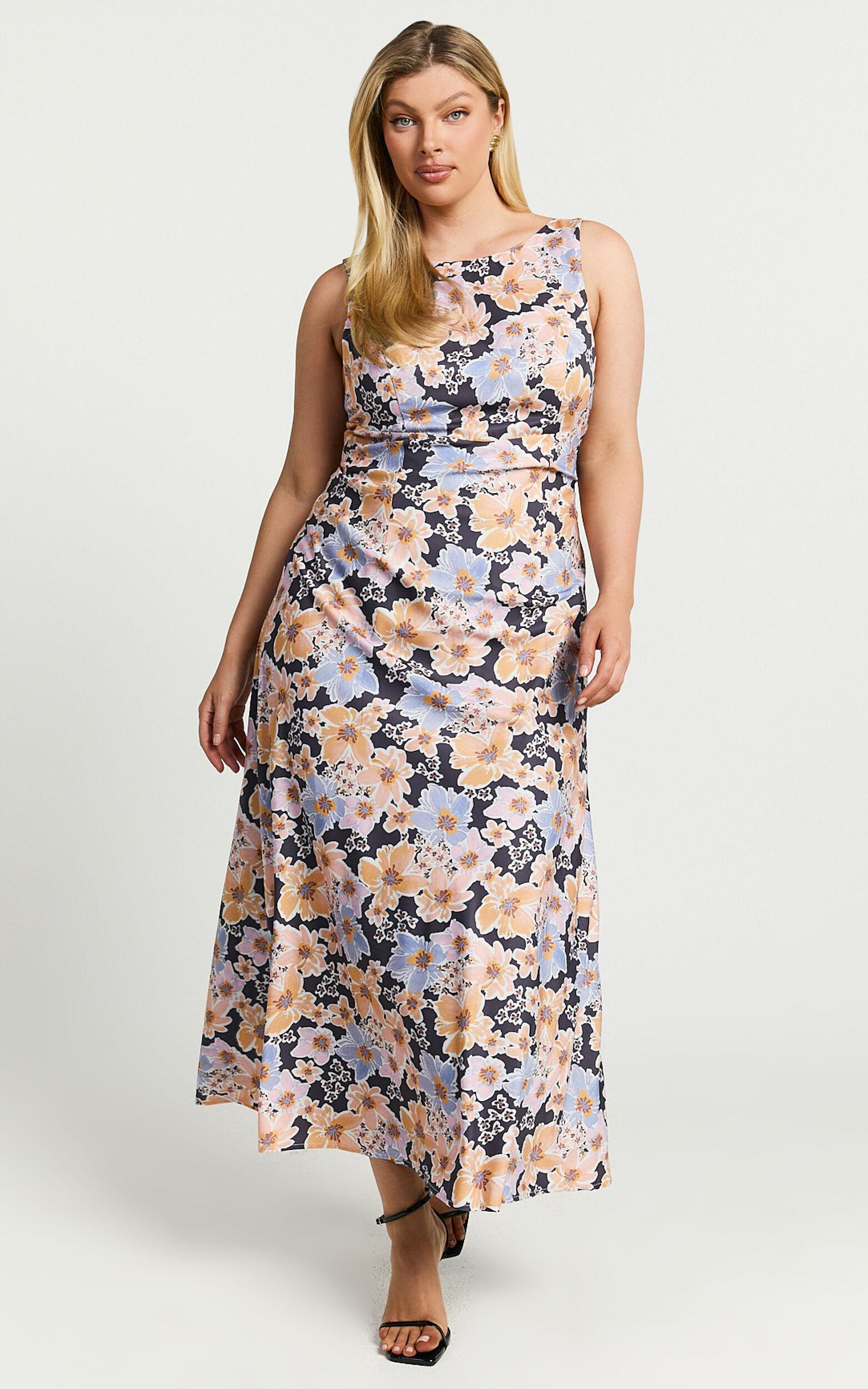 Jenibelle Midi Dress - Boat Neck Open Back Sleeveless Bias Cut Slip Dress in Mellow Floral Product Image