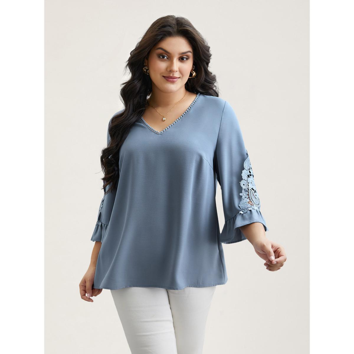 Plus Size Stone Lace Patchwork Ruffled V-Neck Blouse Women Elegant Elbow-length sleeve V-neck Everyday Blouses BloomChic 10/M Product Image