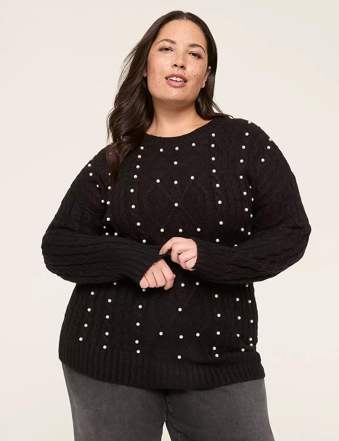 Pearlized Embellished Crew-Neck Cable Sweater Product Image