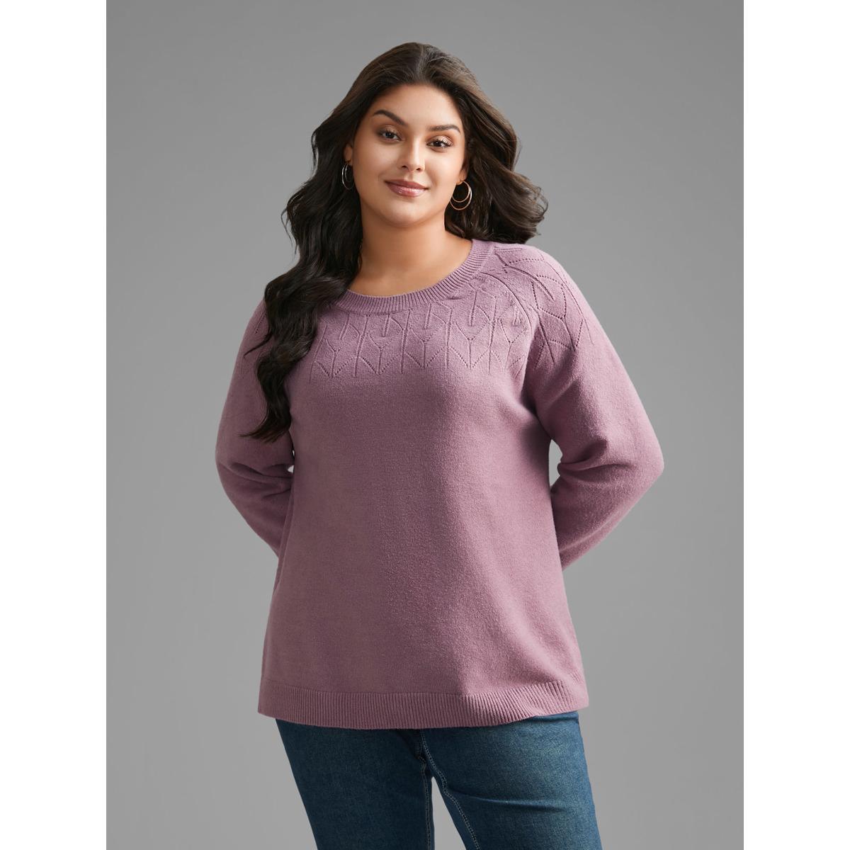 Plus Size Supersoft Essentials Solid Pointelle Knit Pullover Lilac Women Casual Loose Long Sleeve Round Neck Everyday Pullovers BloomChic 18-20/2X Product Image