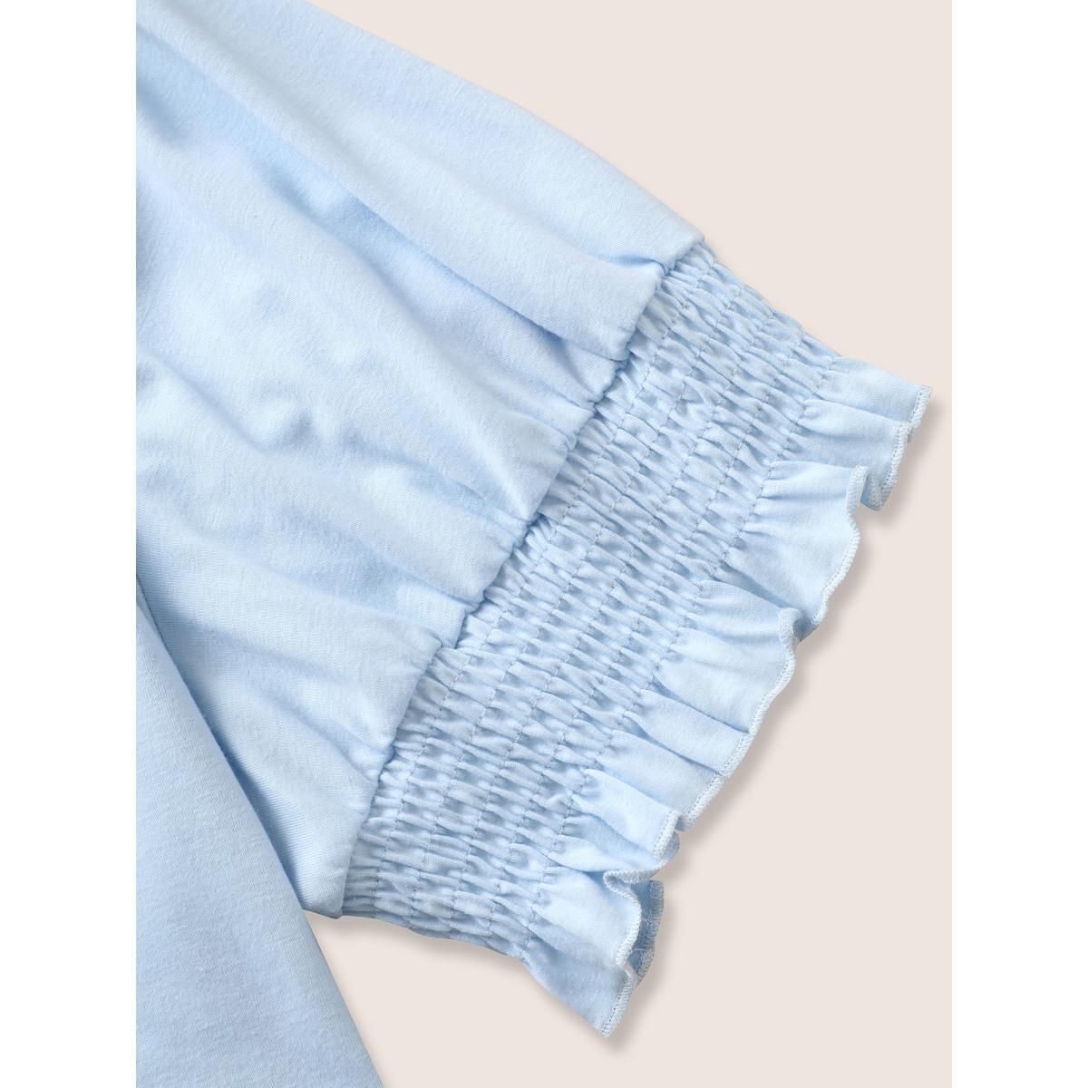 Plus Size Round Neck Solid Shirred Puff Sleeve T-shirt LightBlue Women Elegant Shirred Round Neck Everyday T-shirts BloomChic 28/5X Product Image