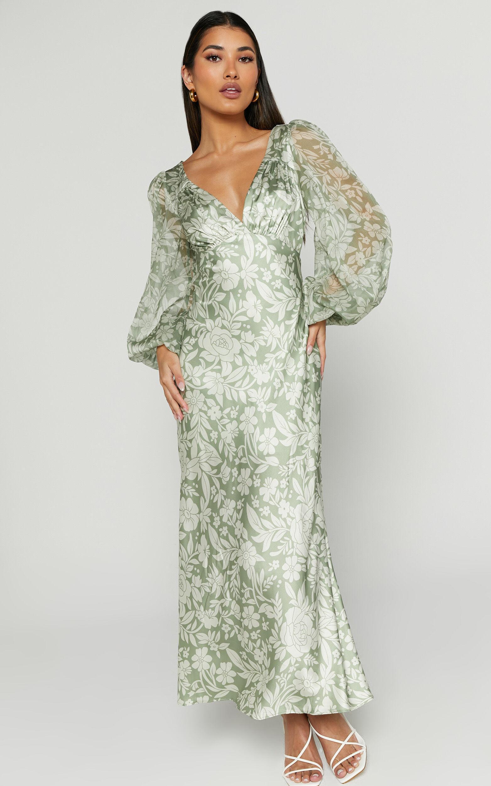 Freollyn Midi Dress - Deep V Neck Long Sleeve Dress in Sage Product Image
