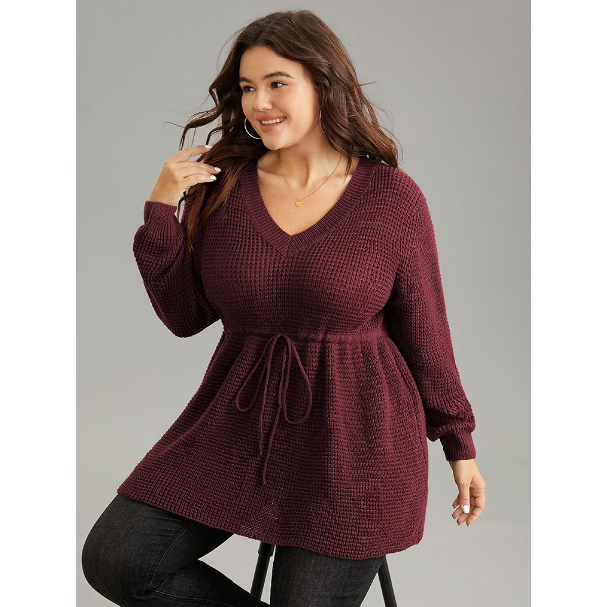 Plus Size Solid Drawstring Curved Hem Knit Pullover Burgundy Women Casual Long Sleeve V-neck Everyday Pullovers BloomChic 14-16/1X Product Image