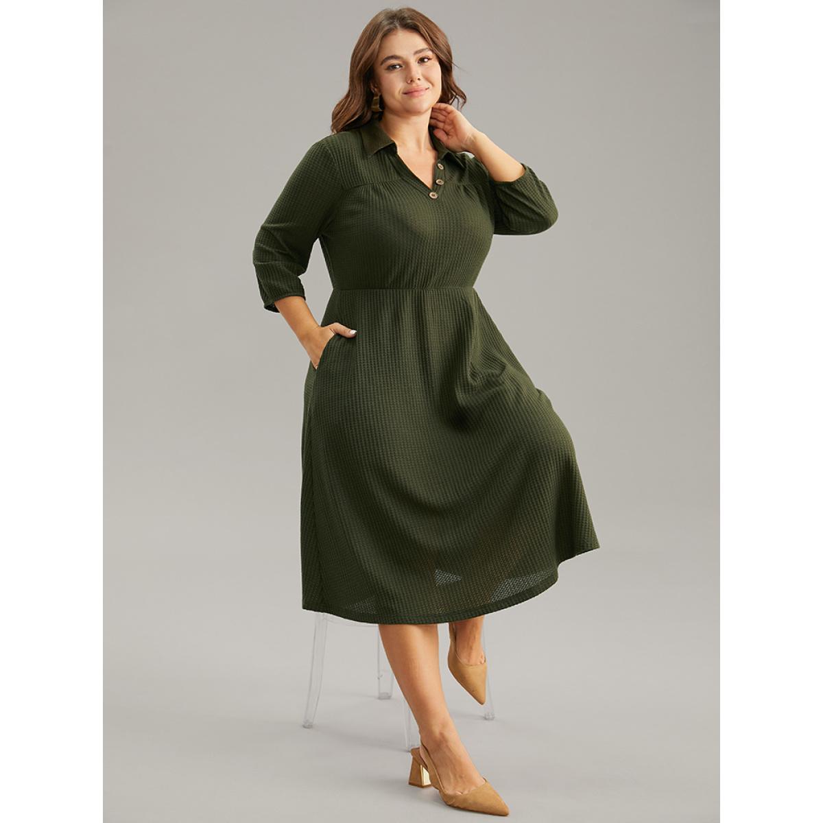 Plus Size Waffle Knit Button Detail Lapel Collar Dress ArmyGreen Women Elegant Elastic cuffs Lapel Collar Elbow-length sleeve Curvy Midi Dress BloomChic 30/6X Product Image