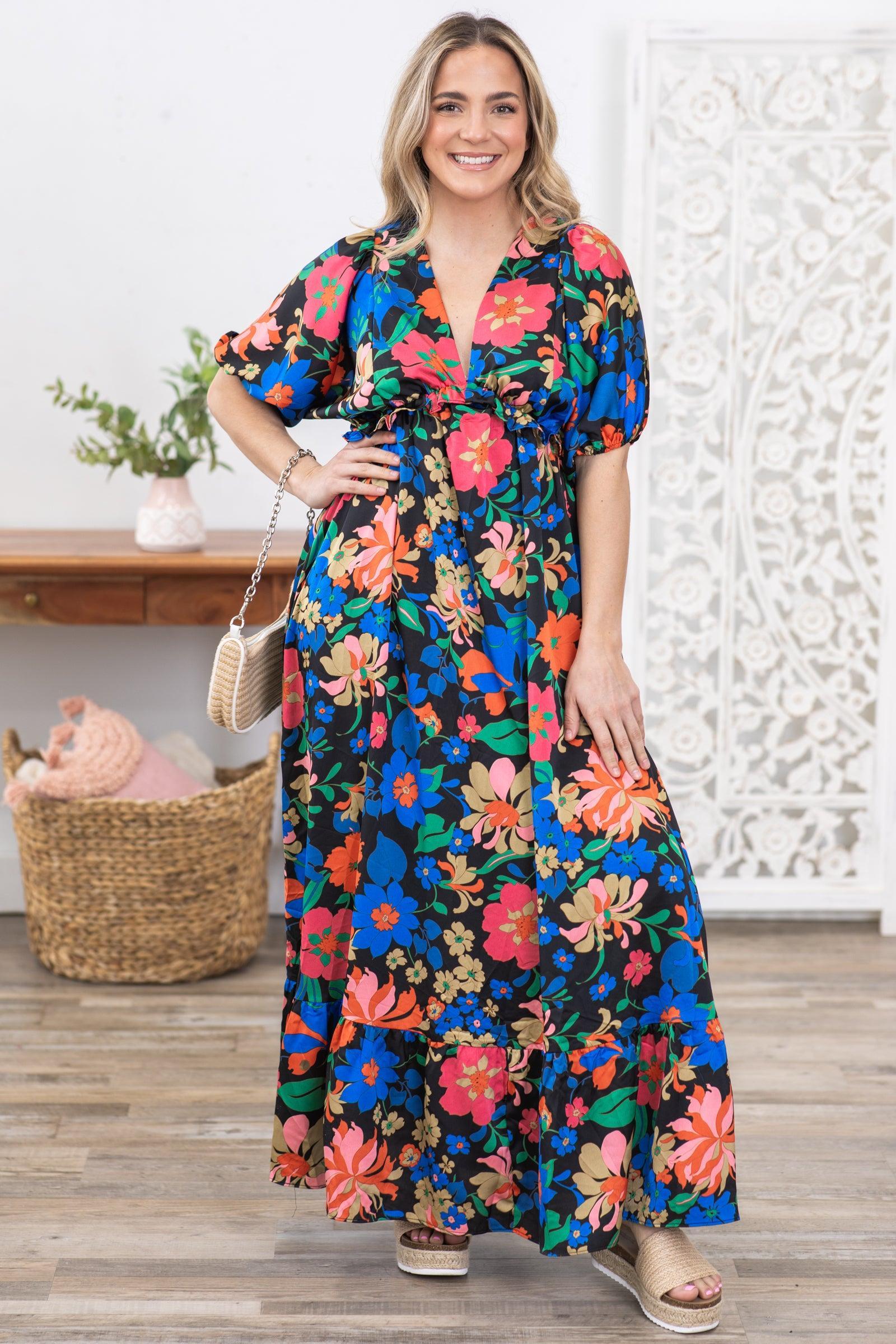 Black Floral Print V-Neck Maxi Dress Product Image