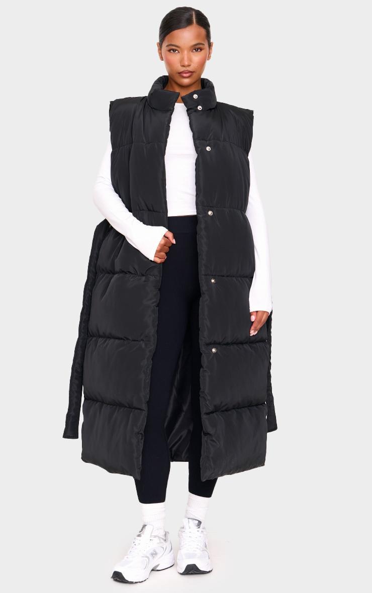 Black Quilted Longline Tie Waist Vest Product Image