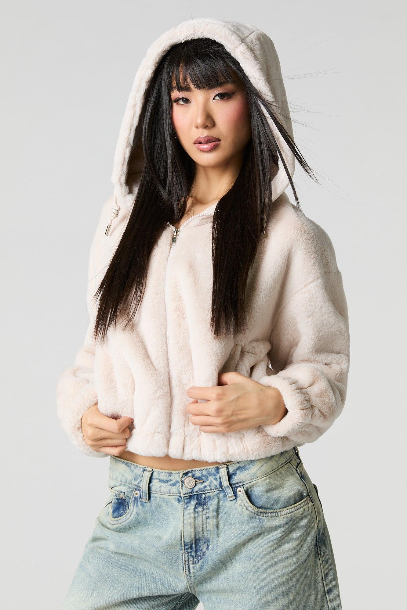 Faux Fur Hooded Zip-Up Jacket Female Product Image