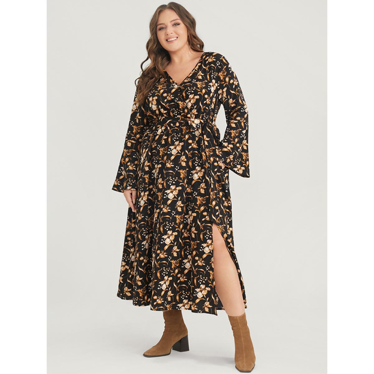 Plus Size Floral Pocket Bell Sleeve Belted Split Flutter Dress Black Women Elegant Pocket V-neck Long Sleeve Curvy Midi Dress BloomChic 22-24/3X Product Image