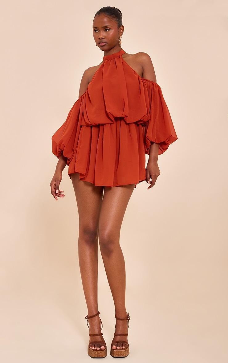 Rust Chiffon Ruffle Off Shoulder Romper Product Image