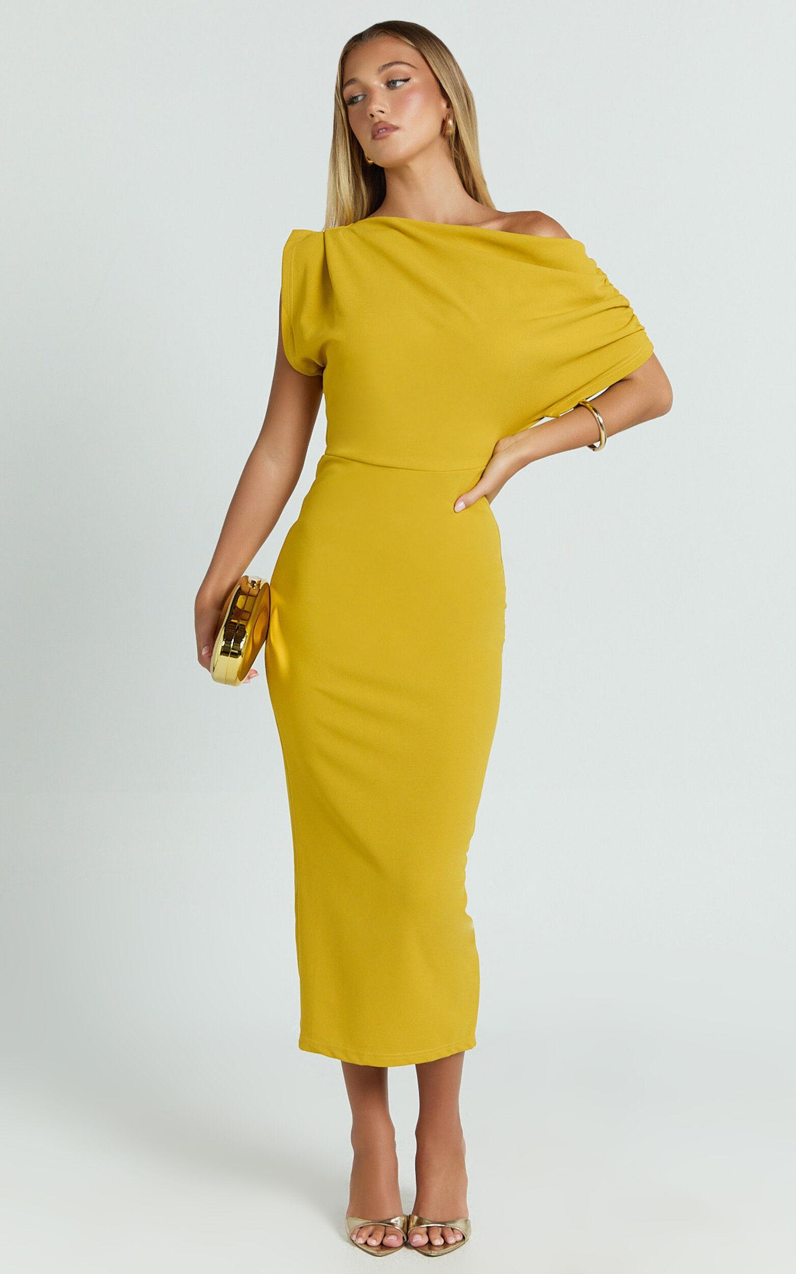 Nalfie Midi Dress - Tipped Shoulder Jersey Drape Dress in Mustard Product Image