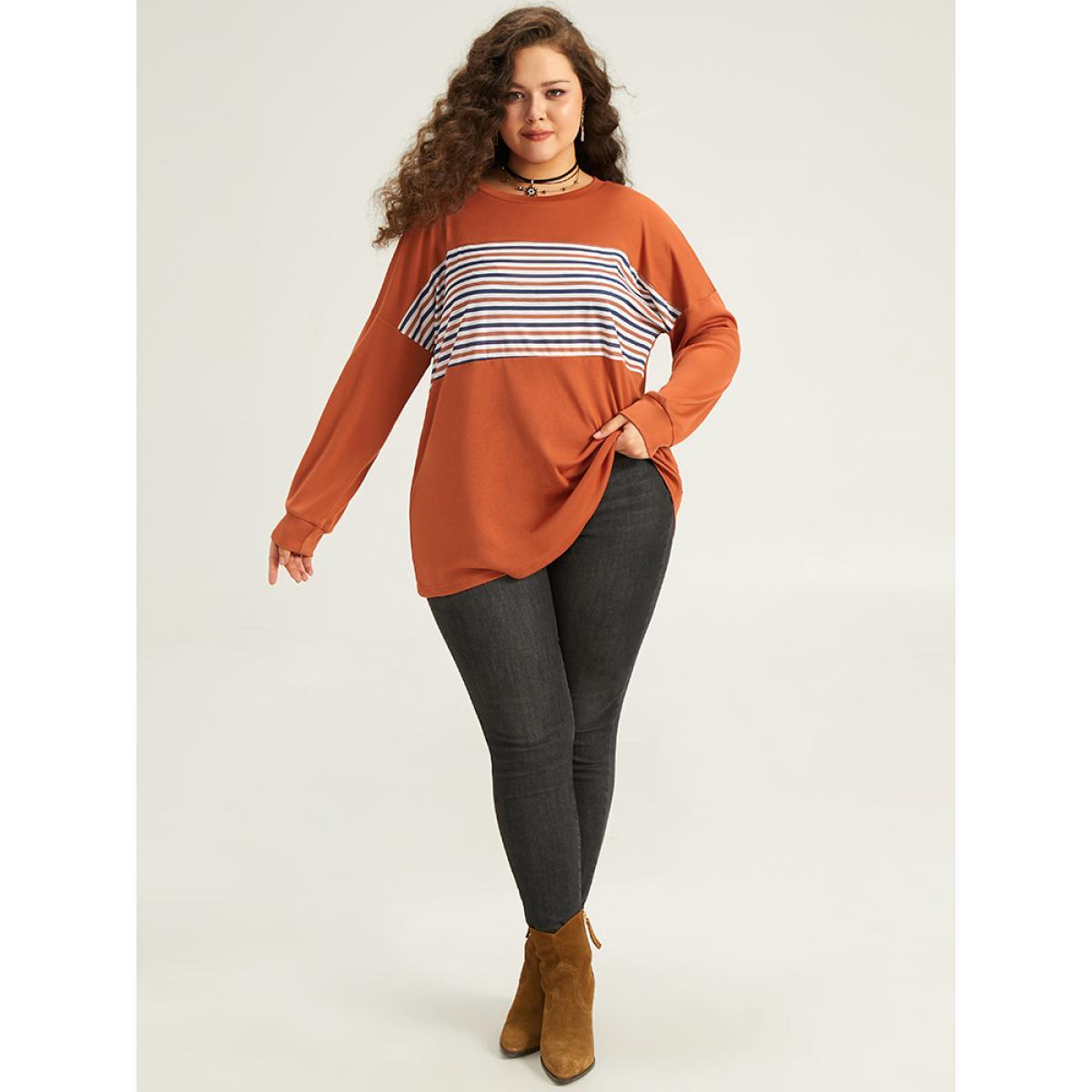 Plus Size Halloween Striped Patchwork Round Neck Drop Shoulder T-shirt Chocolate Women Casual Contrast Striped Round Neck Festival-Halloween T-shirts BloomChic 10/M Product Image