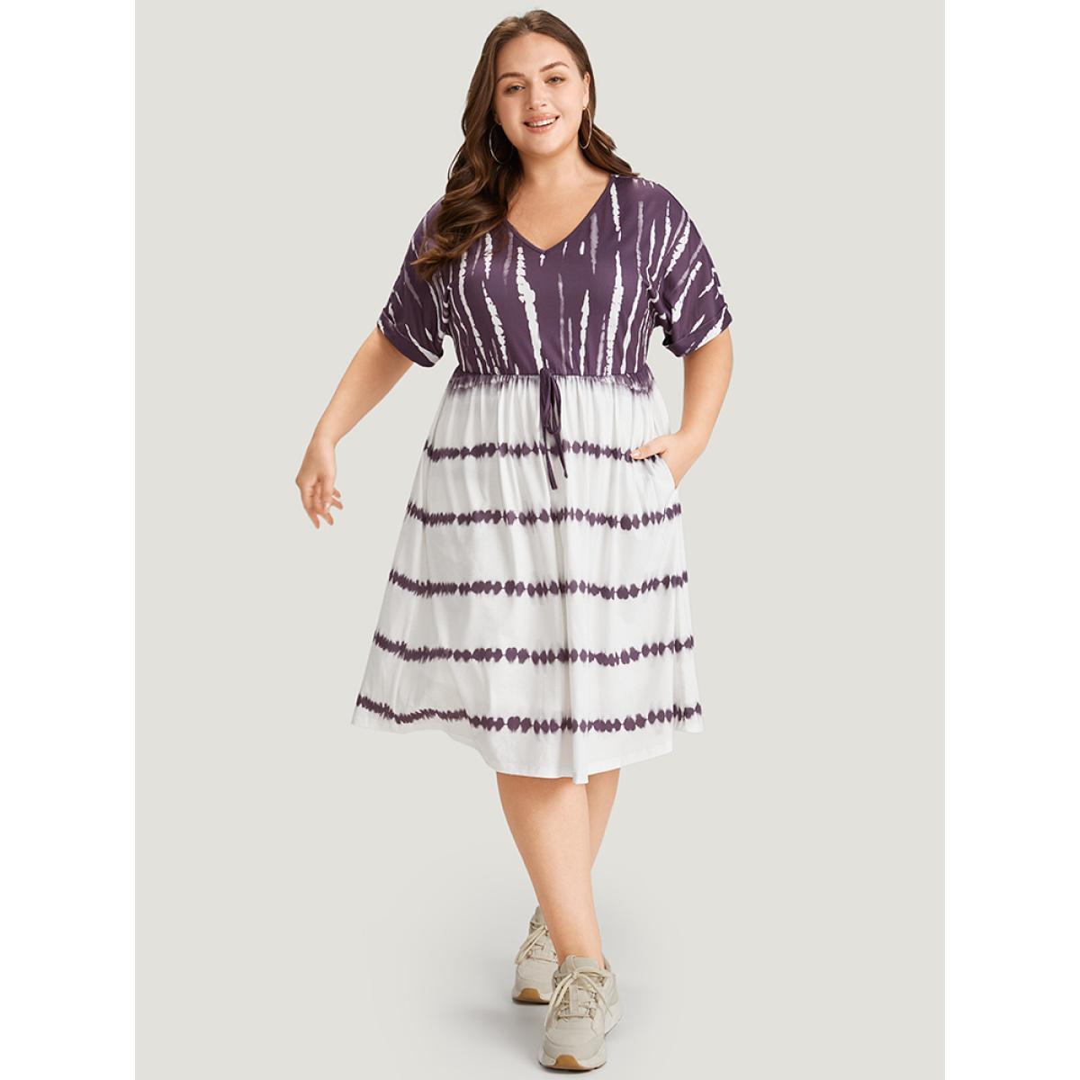 Plus Size Tie Dye Batwing Sleeve Pocket Knot Front Dress Mauve Women Casual Lined V-neck Short sleeve Curvy Midi Dress BloomChic 14-16/1X Product Image