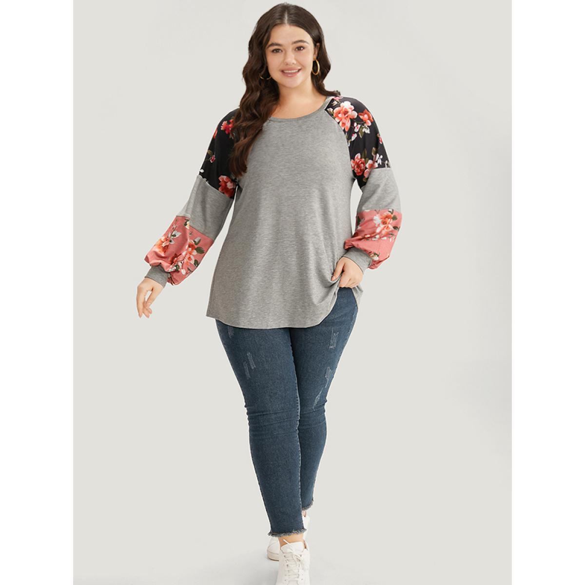 Plus Size Colorblock Contrast Floral Crew Neck Raglan Sleeve Sweatshirt Women Gray Casual Elastic cuffs Round Neck Dailywear Sweatshirts BloomChic 22-24/3X Product Image