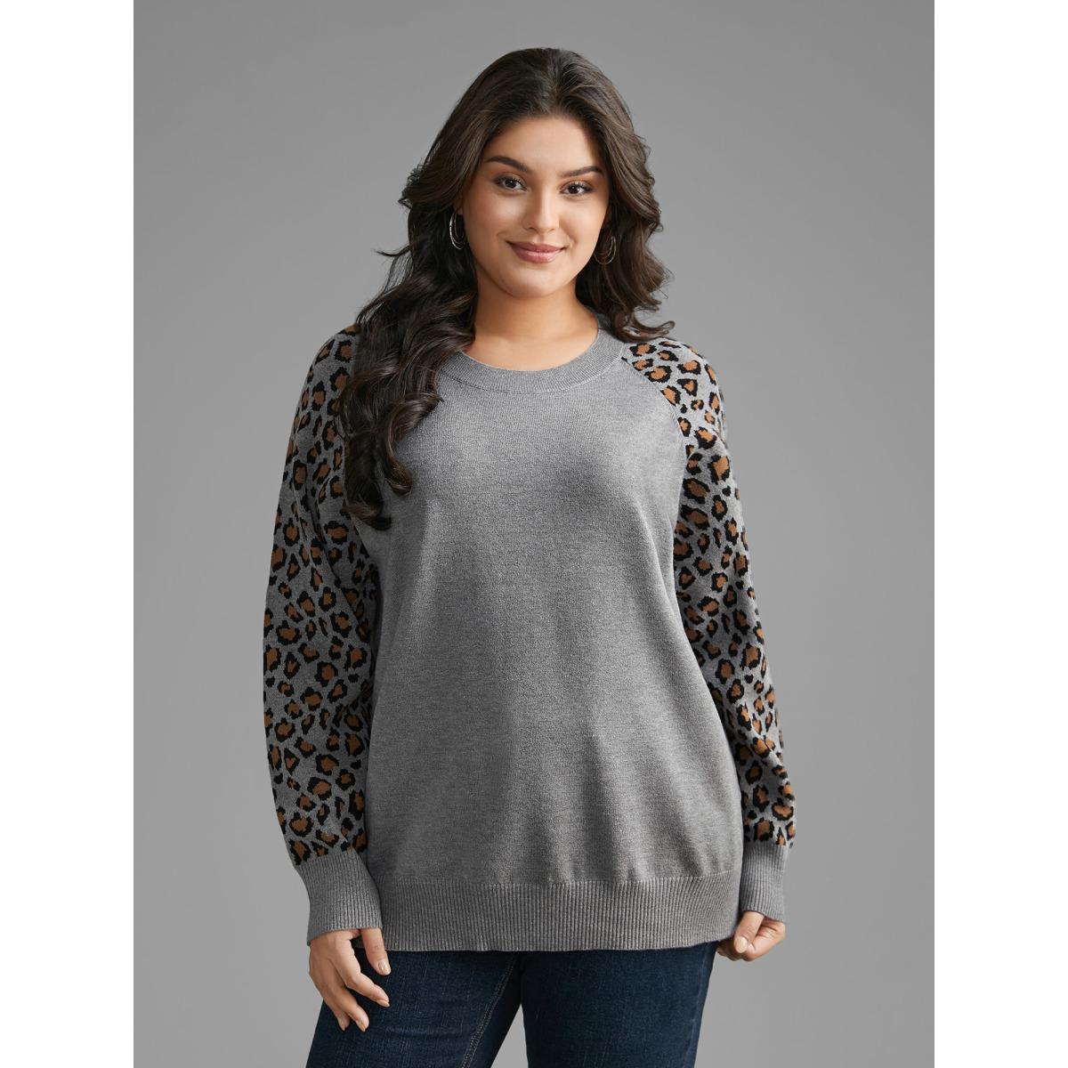 Plus Size Leopard Print Raglan Sleeve Pullover DarkGray Women Casual Loose Long Sleeve Round Neck Everyday Pullovers BloomChic 10/M Product Image