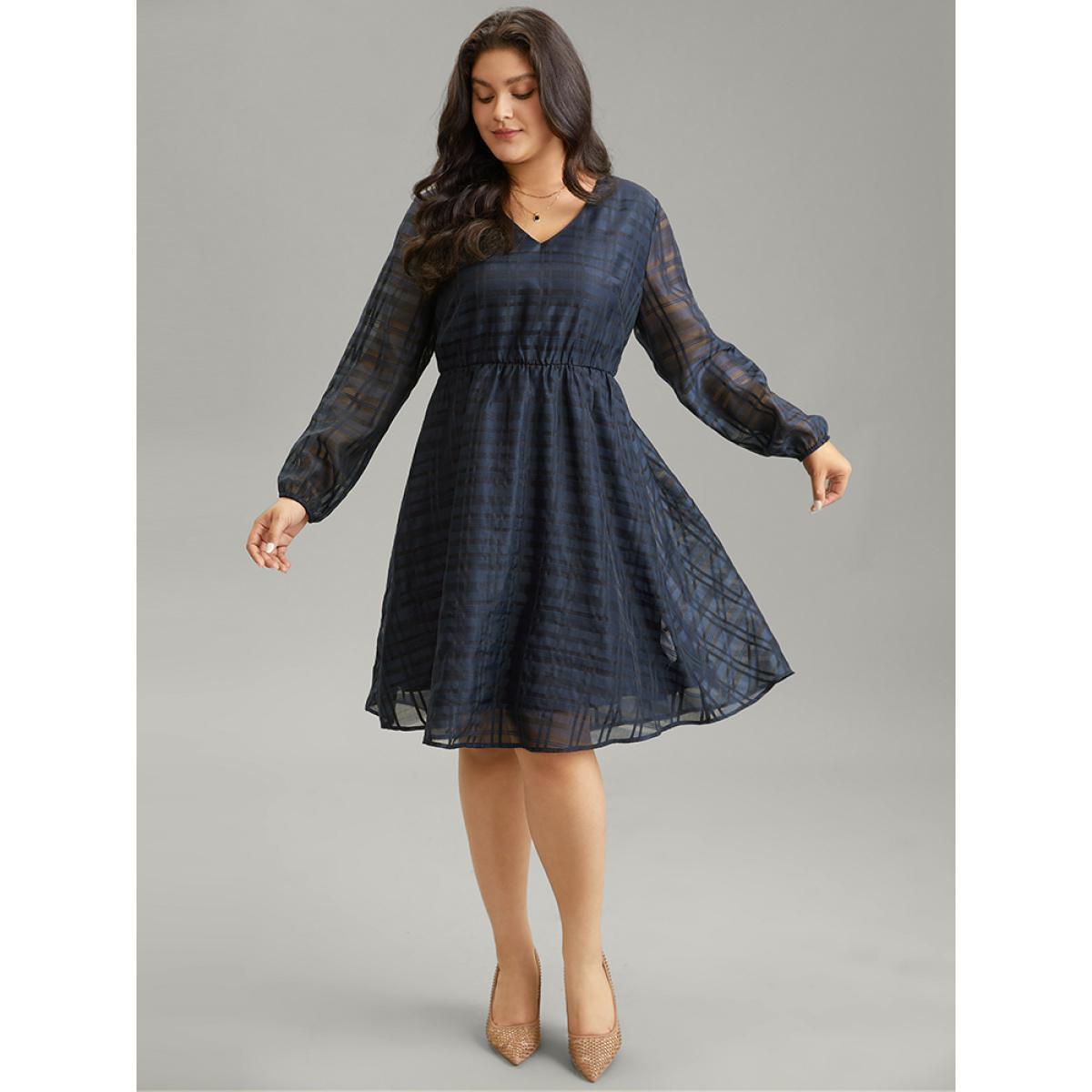 Plus Size Geometric Graphic Mesh Lantern Sleeve Dress DarkBlue Women Elegant Elastic cuffs V-neck Long Sleeve Curvy Midi Dress BloomChic 12/L Product Image