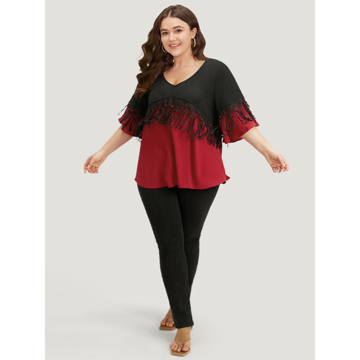 Plus Size Black Halloween Two Tone Fringe Trim Patchwork Blouse Women Elegant Short sleeve V-neck Festival-Halloween Blouses BloomChic 28/5X Product Image