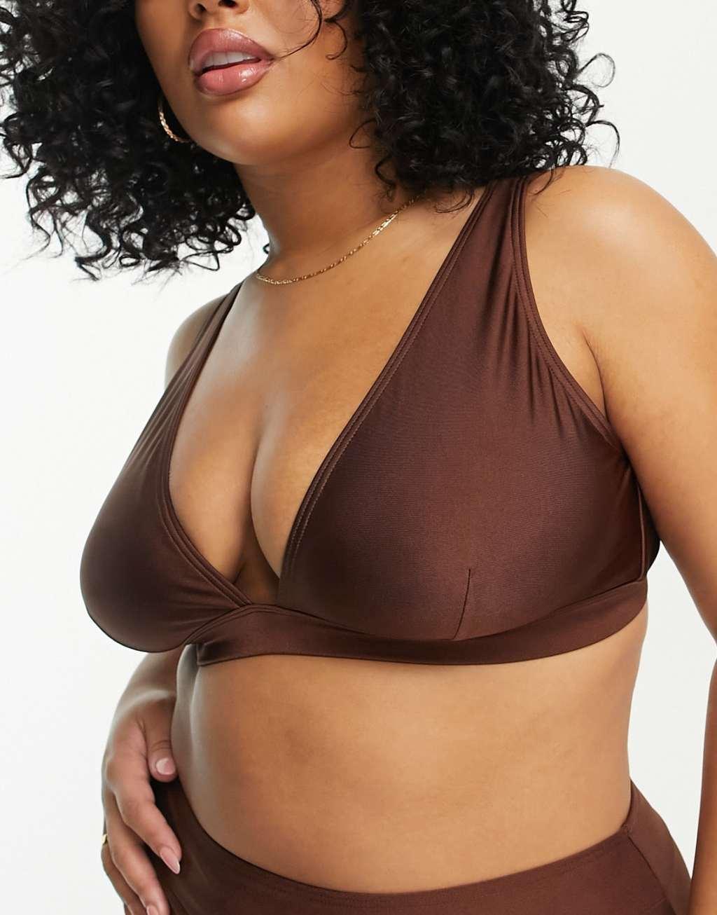 South Beach Curve Exclusive high apex triangle bikini top in high shine brown  Product Image