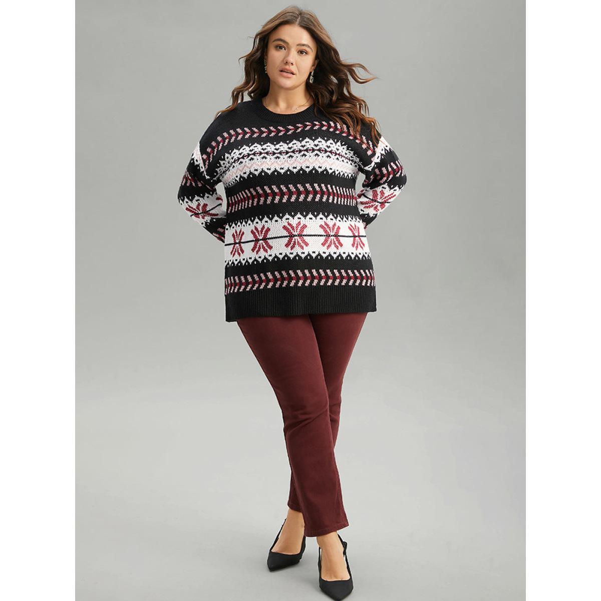 Plus Size Bandana Geo Print Drop Shoulder Pullover Multicolor Women Casual Loose Long Sleeve Round Neck Dailywear Pullovers BloomChic 12/L Product Image