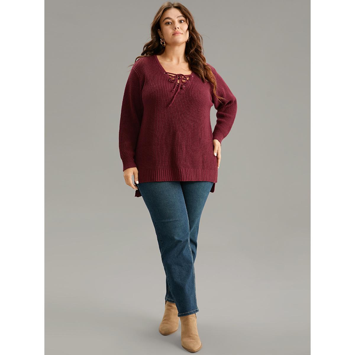 Plus Size High Low Hem Lace Up Split Side Pullover Scarlet Women Casual Loose Long Sleeve V-neck Dailywear Pullovers BloomChic 12/L Product Image