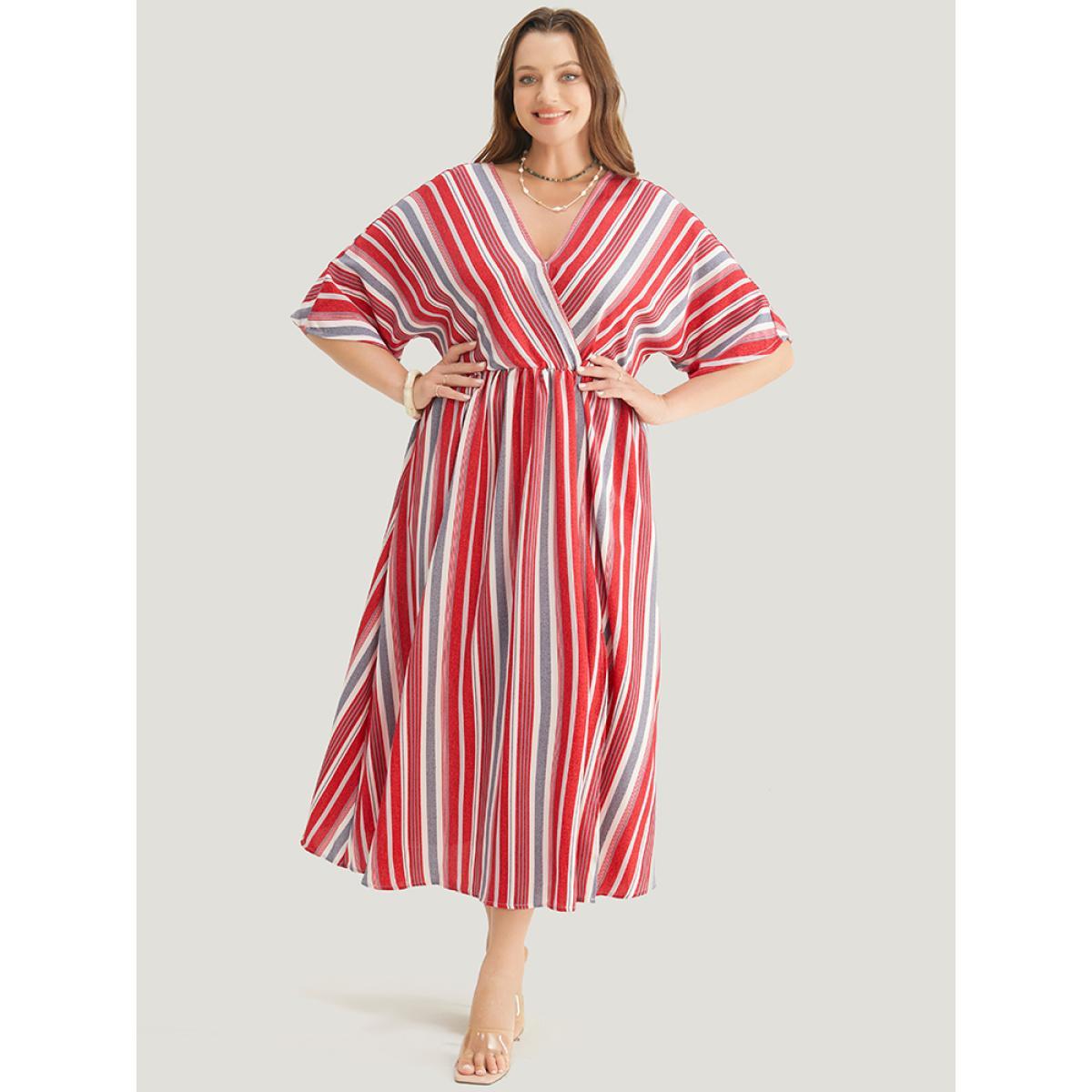 Plus Size Striped Contrast Surplice Neck Dolman Sleeve Pocket Split Hem Dress Scarlet Women Vacation Elastic Waist V-neck Half Sleeve Curvy Midi Dress BloomChic 14-16/1X Product Image