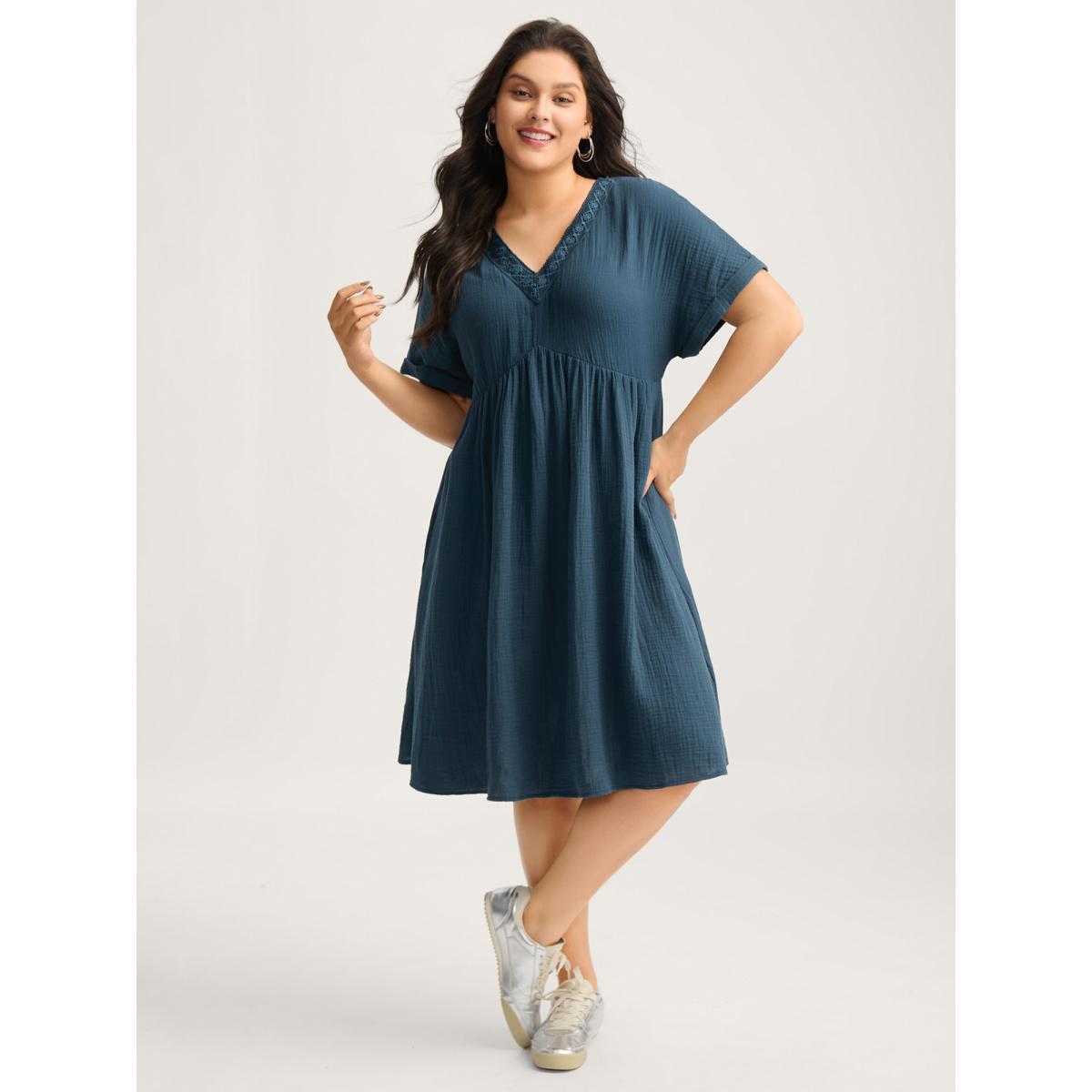 Plus Size Pure Cotton Lace V-Neck Solid Midi Dress Aegean Women Woven ribbon&lace trim V-neck Short sleeve Curvy BloomChic 22-24/3X Product Image