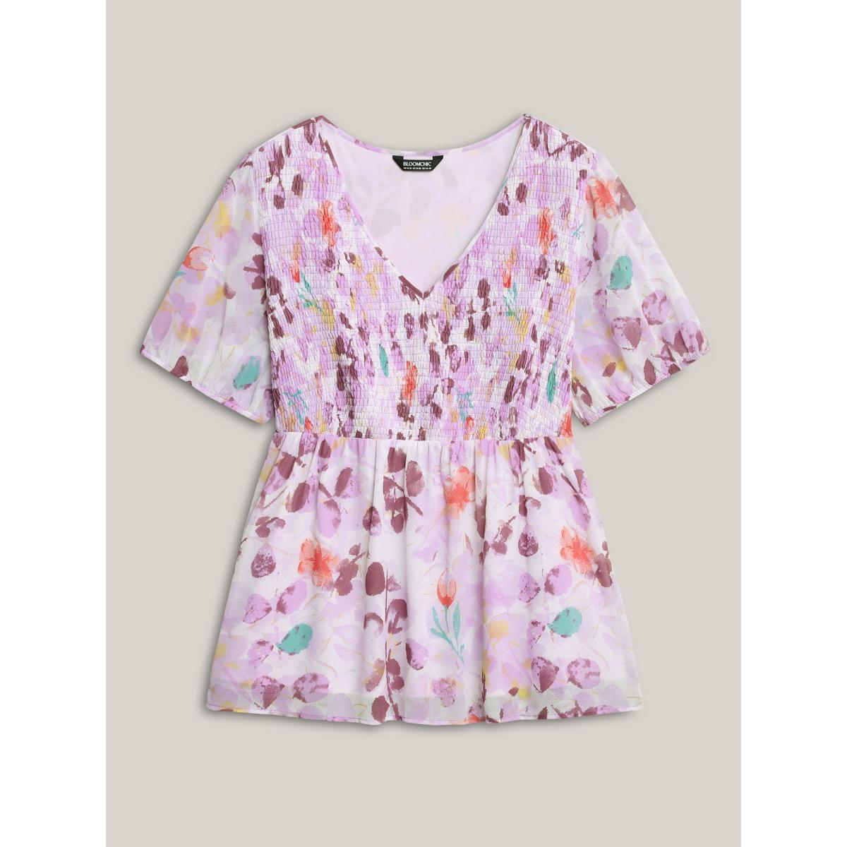 Plus Size Lilac Floral Print Shirred Bodice Blouse Women Short sleeve V-neck Everyday-Elegant Blouses BloomChic 18-20/2X Product Image