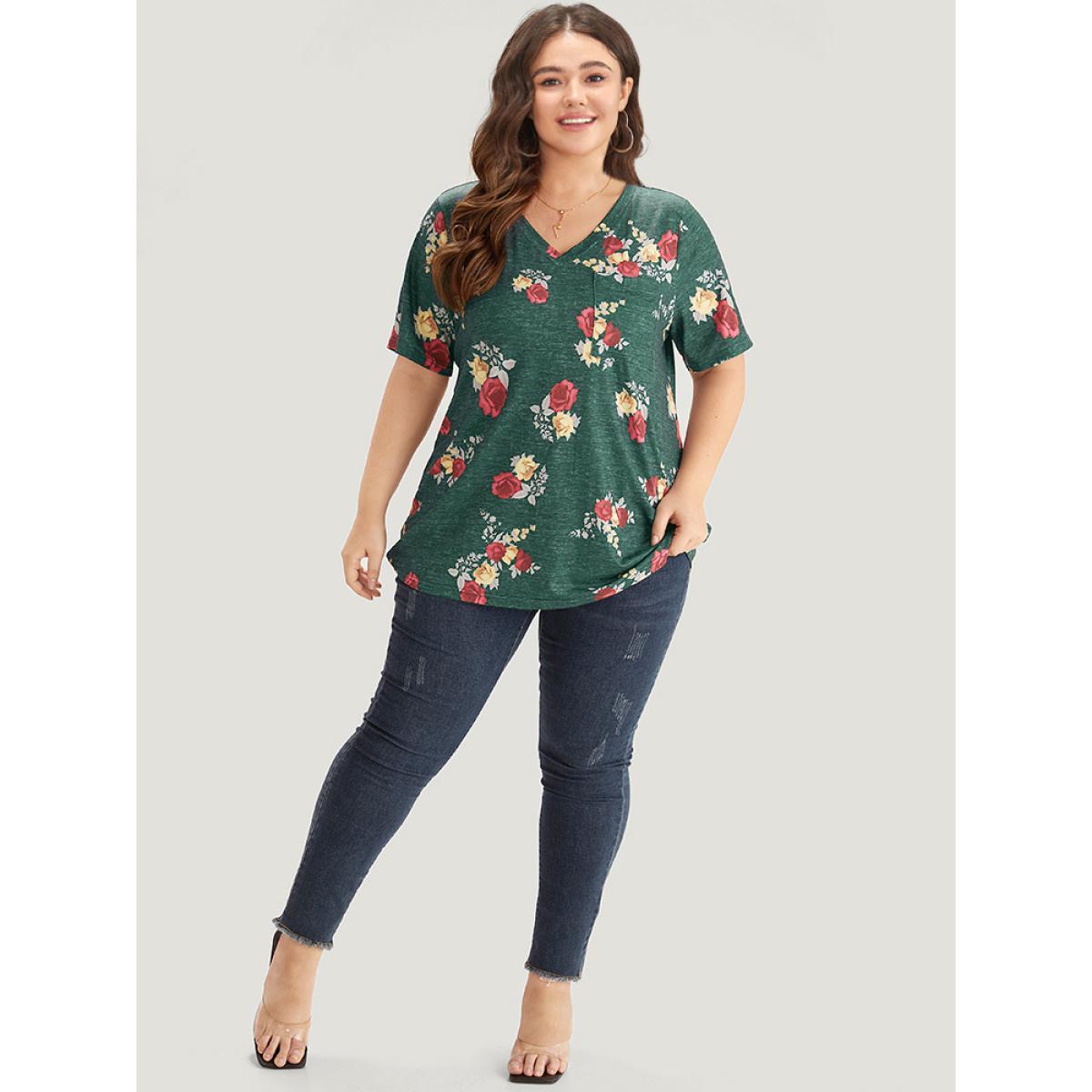 Plus Size Floral Print Heather Patched Pocket T-shirt DarkGreen Women Elegant Printed Floral V-neck Dailywear T-shirts BloomChic 14-16/1X Product Image