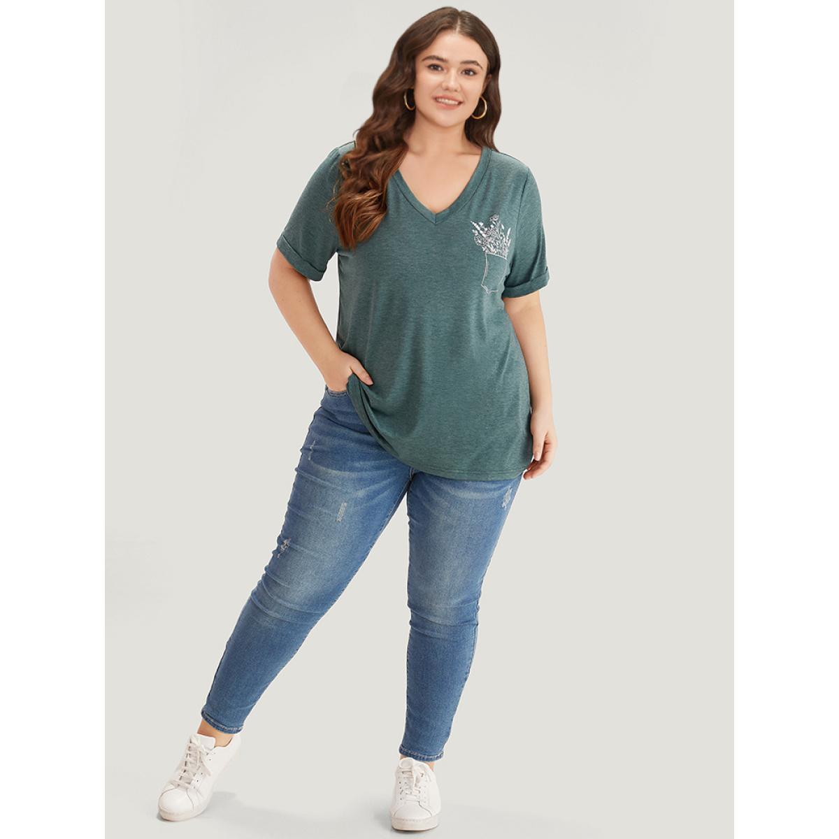 Plus Size Solid Heather Plants Print V Neck T-shirt Cyan Women Casual Printed Natural Flowers Dailywear T-shirts BloomChic 26/4X Product Image
