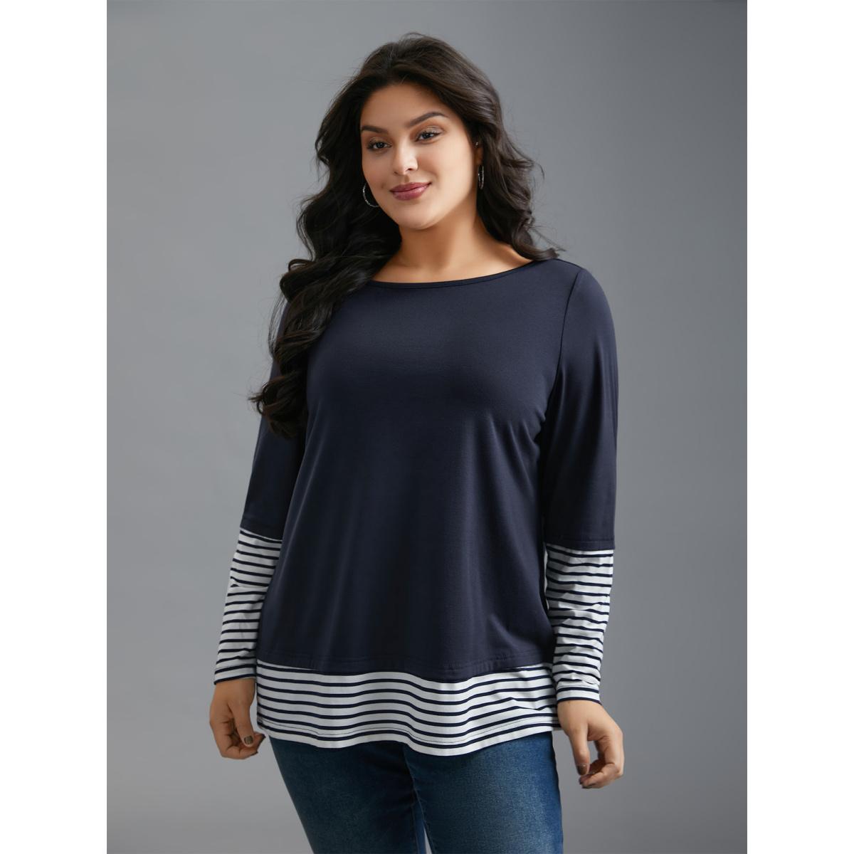 Plus Size Boat Neck Striped Patchwork T-Shirt Indigo Women Casual Contrast Boat Neck Everyday T-shirts BloomChic 26/4X Product Image