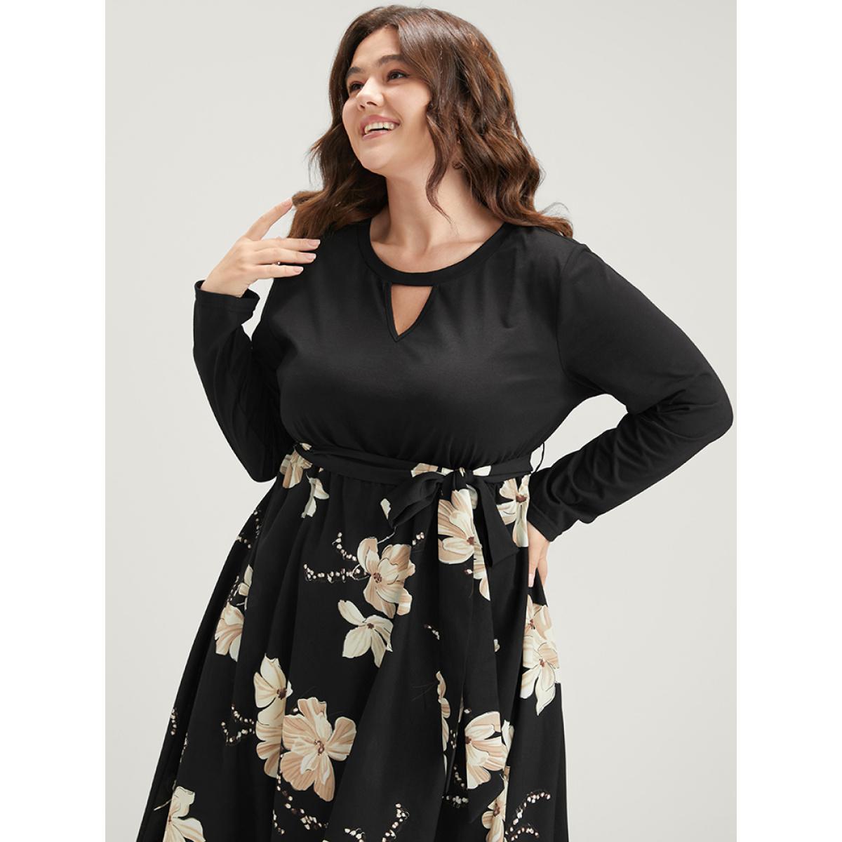 Plus Size Floral Print Keyhole Round Neck Pocket Belted Dress Multicolor Women Elegant Belted Round Neck Long Sleeve Curvy Midi Dress BloomChic 26/4X Product Image
